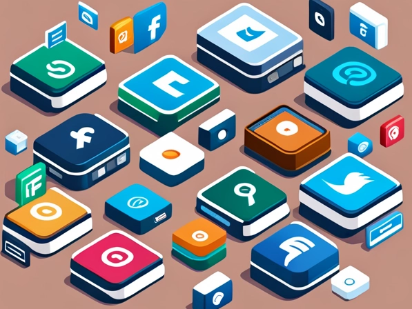 Isometric illustration of social media platforms from the beginning till now as a galaxy. Logos of facebook, instagram, linkedin,twitter, pinterest, whatsapp